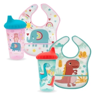Kit com Babador Impermeável com bolso e Copo de Transição Antivazamento do Dino Buba