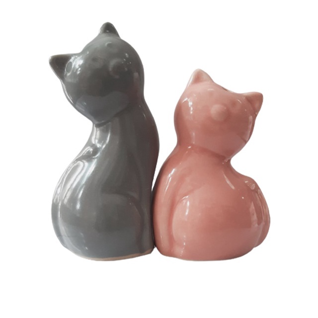 Kit Saleiro Pimenteiro Casal Gatinho Porcelana Rosa e Cinza