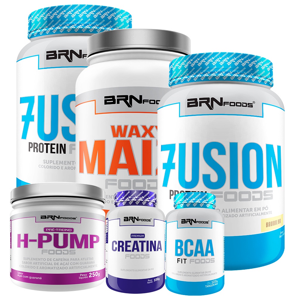 Kit 2x Whey Protein Fusion Protein 900g + Waxy Maize 1kg + Pré Treino H-pump 250g + Premium Creatina 100g + BCAA 100g – BRN FOODS