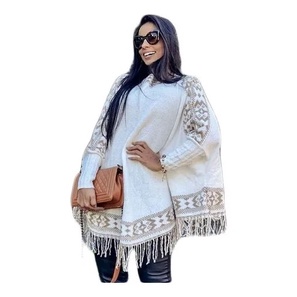 Blusa Poncho Feminino Tricot Franjas Manga Longa Soltinho Inverno