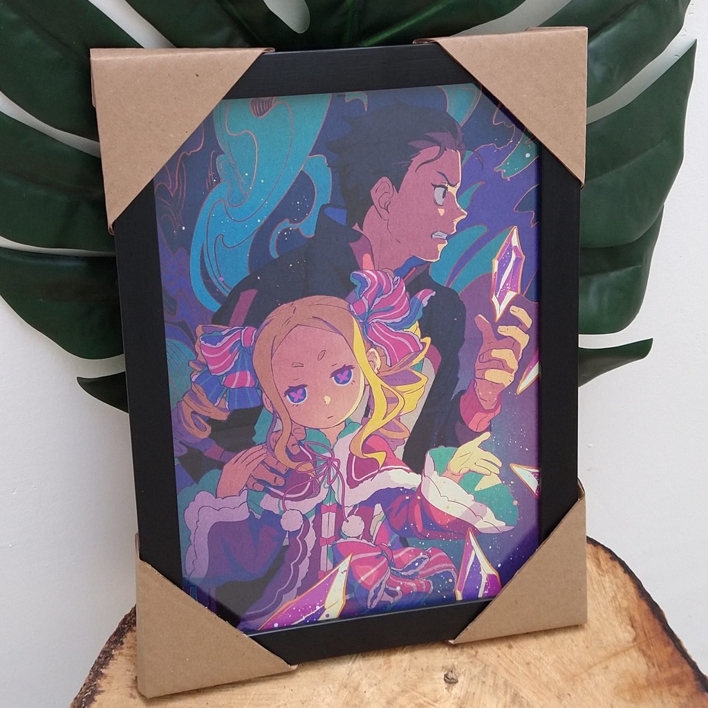 Quadro decorativo com moldura e vidro Re Zero anime pôster geek