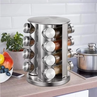 Porta Tempero Condimento Inox 16 Potes Redondo + Suporte Giratório