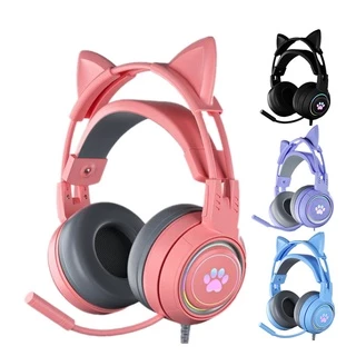 Rosa/Azul Menina Gato Fones De Ouvido Com Microfone RGB Brilho Wired PC Gaming Headset Gamer Mic Para O Telefone PS4/PS5