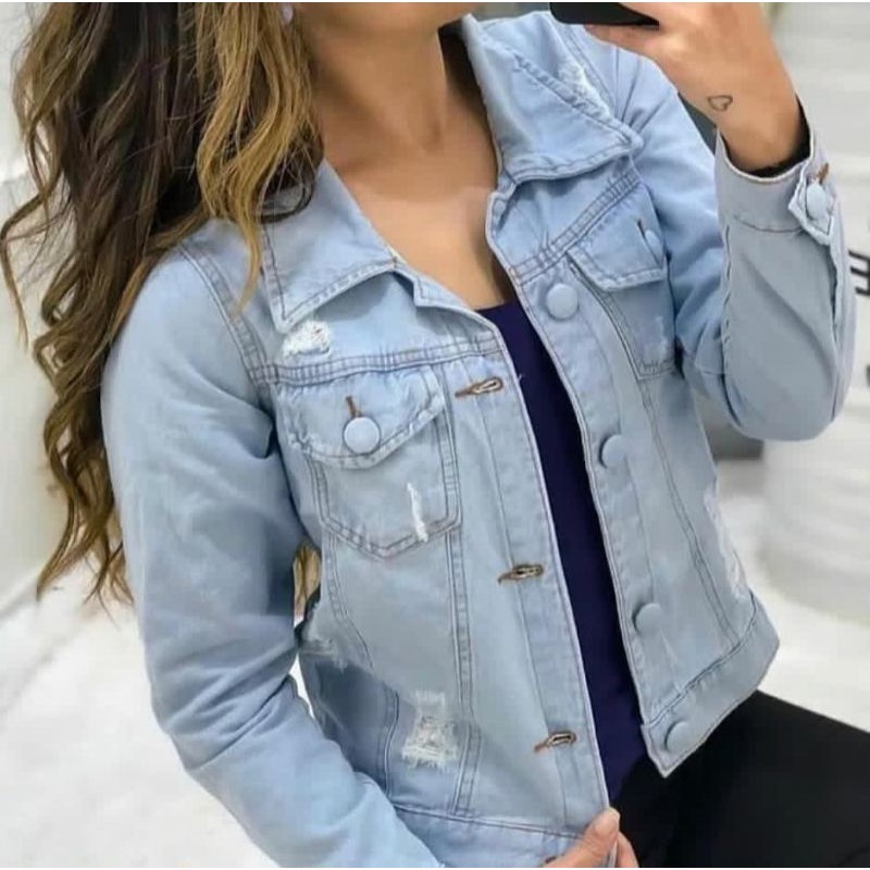 Jaqueta Jeans Feminina Curta Botão Forrado Moda