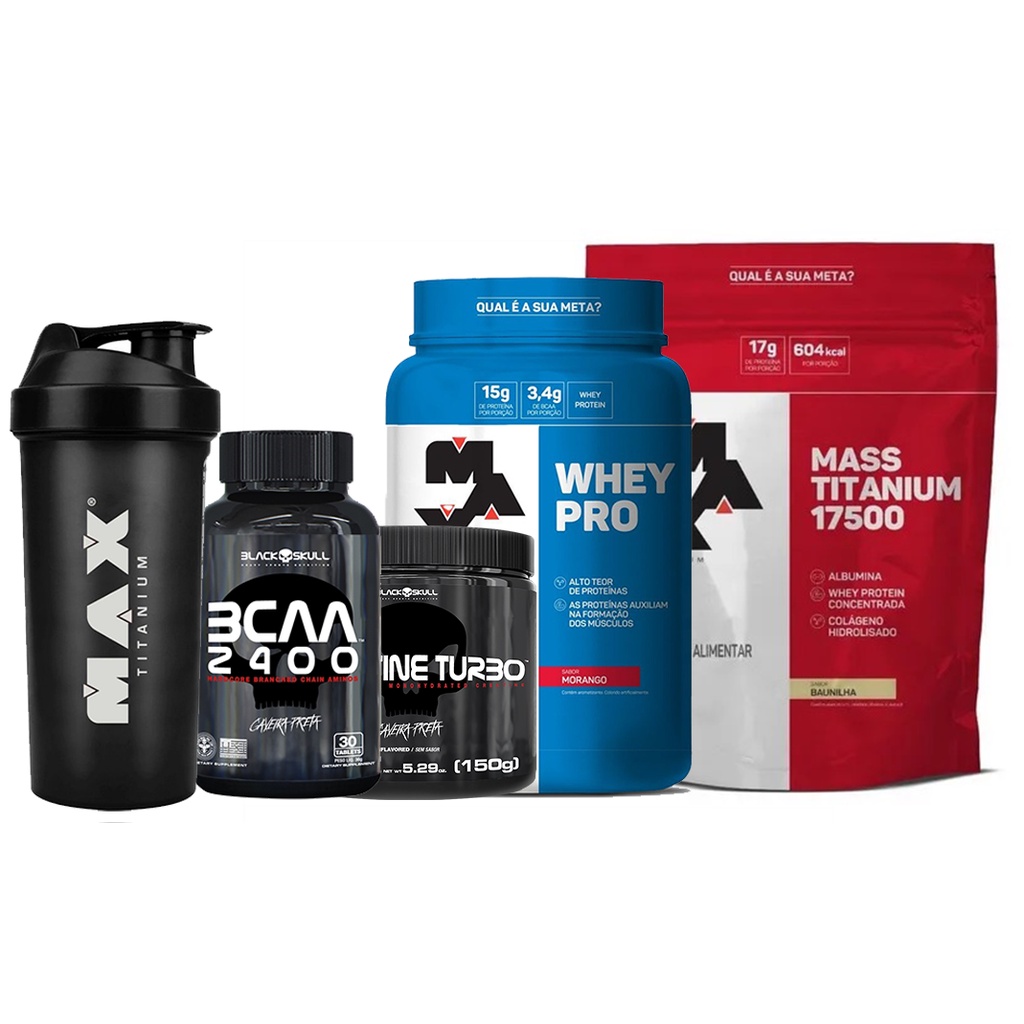 kit combo explosão muscular: whey pro 1KG Max titanium + creatina turbo 150g Brack Skull+ Bcaa 30 tablet black skull + hipercalórico 1,4 kg Max titanium