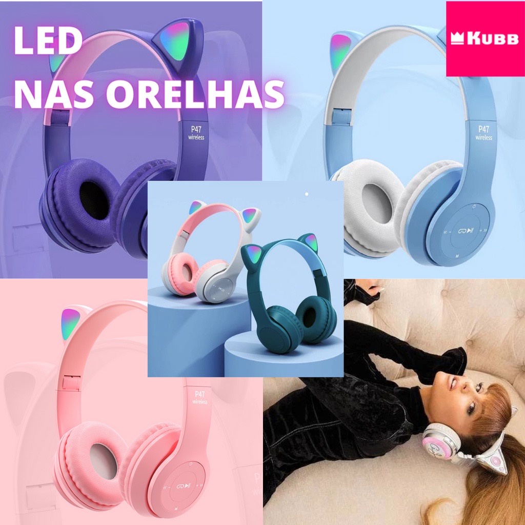 Fone Orelha De Gato Headphone Gatinho Com Led Fone Bluetooth Dobrável -  E_IDEIAS ONLINE