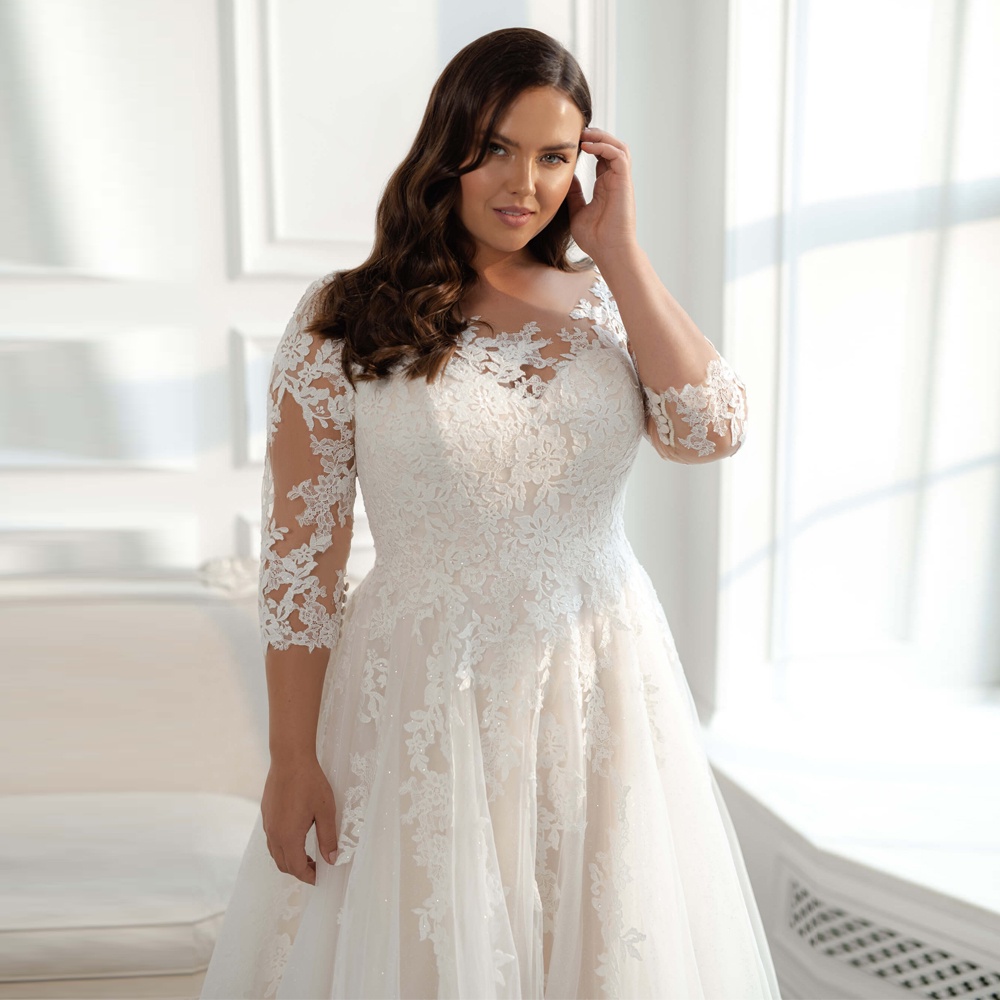 Vestidos De Casamento Boêmio Plus Size Para Mulheres Appliques De Renda  Três Quartos Pescoço Uma Linha Varredura Trem Vestido De Novia Elegante