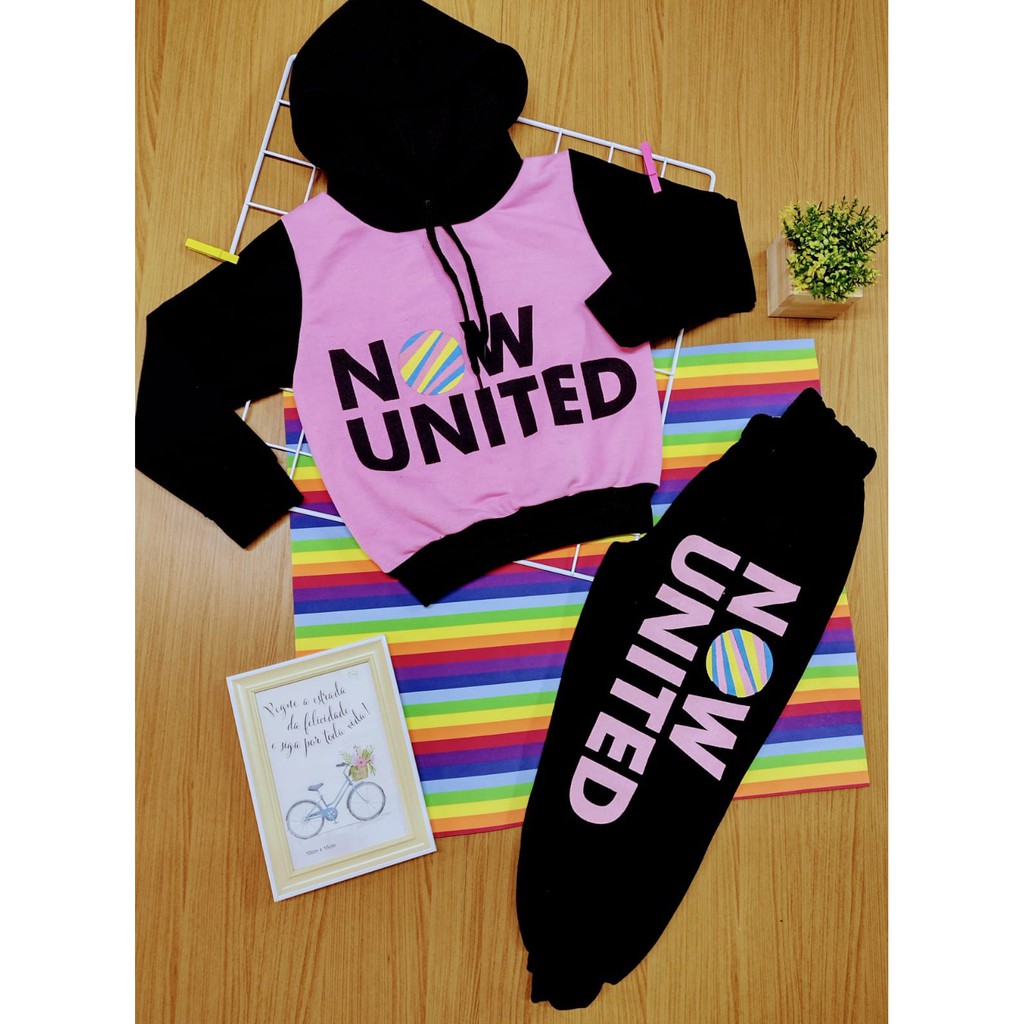 Roupa Infantil Conjunto Criança Feminino Menina de Inverno Now United Calça Preta + Casaco com Capuz (Preto+Pink) Infanto Juvenil Barato Pronta Entrega P M G GG (2 a 12 anos)