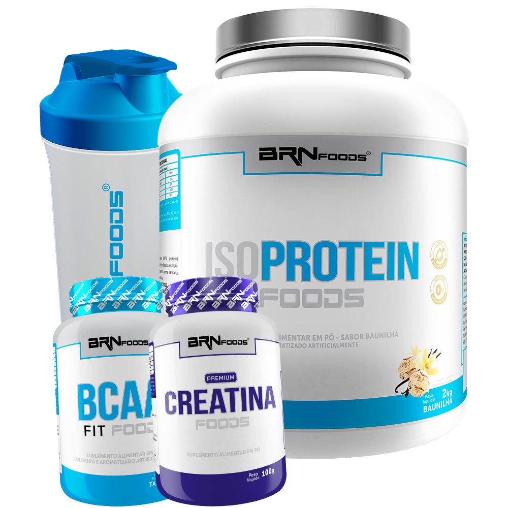 Kit Whey Protein Iso Protein Foods 2kg + Premium Creatina 100g + BCAA 100g Sabor Tangerina + Coqueteleira 600 ml- BRN FOODS