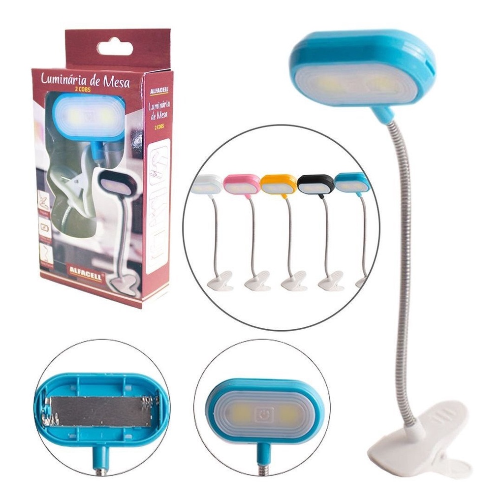Luminaria De Mesa Flexivel 2 Leds Com Base Presilha De Plastico A Pilha