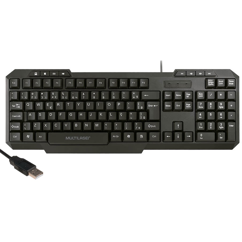 Teclado Multimidia 8 Funções Slim Preto Usb Pc Atalhos Teclas Macias Silenciosas Resistente TC206 Multilaser