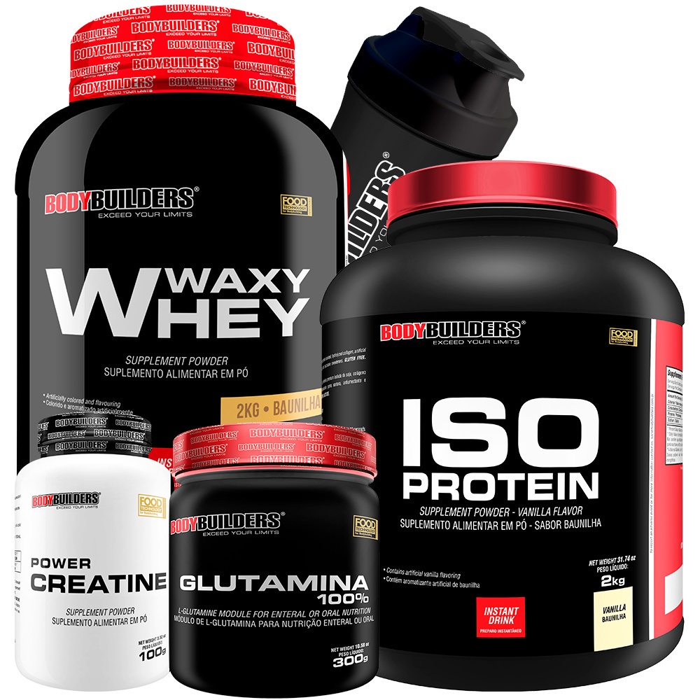 KIT Waxy Whey 2kg, Iso Protein 2kg+ Power Creatina 100g, Glutamina 100% 300g, Coqueteleira – Bodybuilders