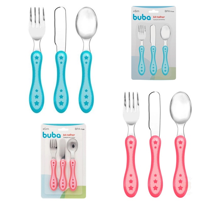 Kit Alimentação Talher Infantil Para Bebê 3 Peças Estrelinha Garfo Faca Colher em Inox Buba