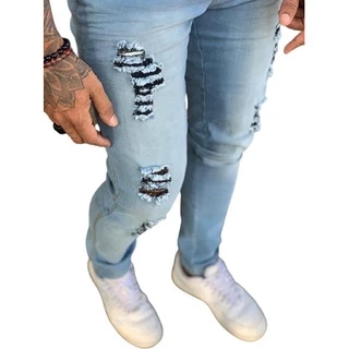 Calça Masculina Jeans Azul Skinny Rasgada Monterrey