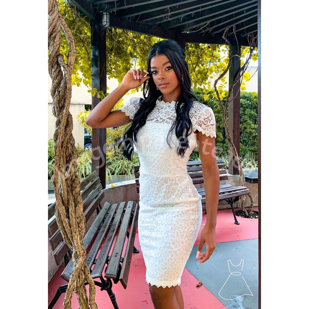 Vestido de Noiva Civil Midi Colado no Corpo de Renda Branco