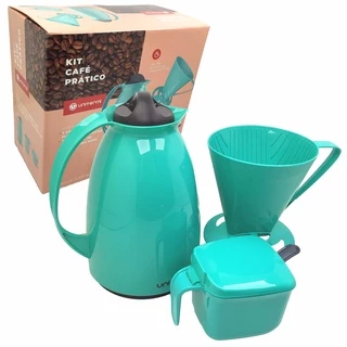 Kit Garrafa Térmica 650ml Suporte Filtro Açucareiro 350ml Conjunto Café Prático Verde