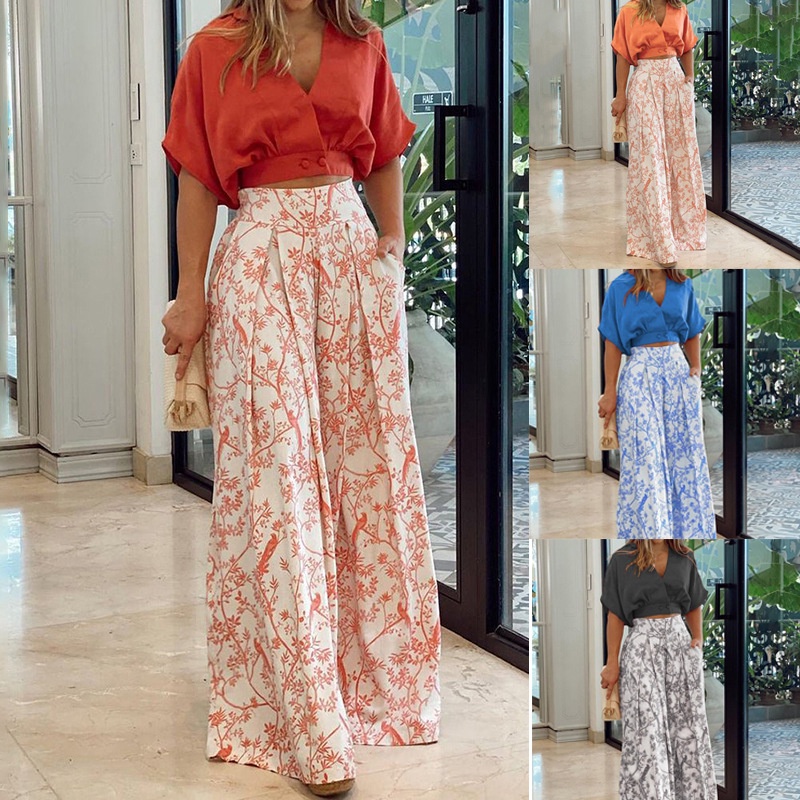 Faicai_Conjunto Feminino Conjunto De Duas Peças Em V Top Recortado Com  Floral Calça Wide Leg Pantalona