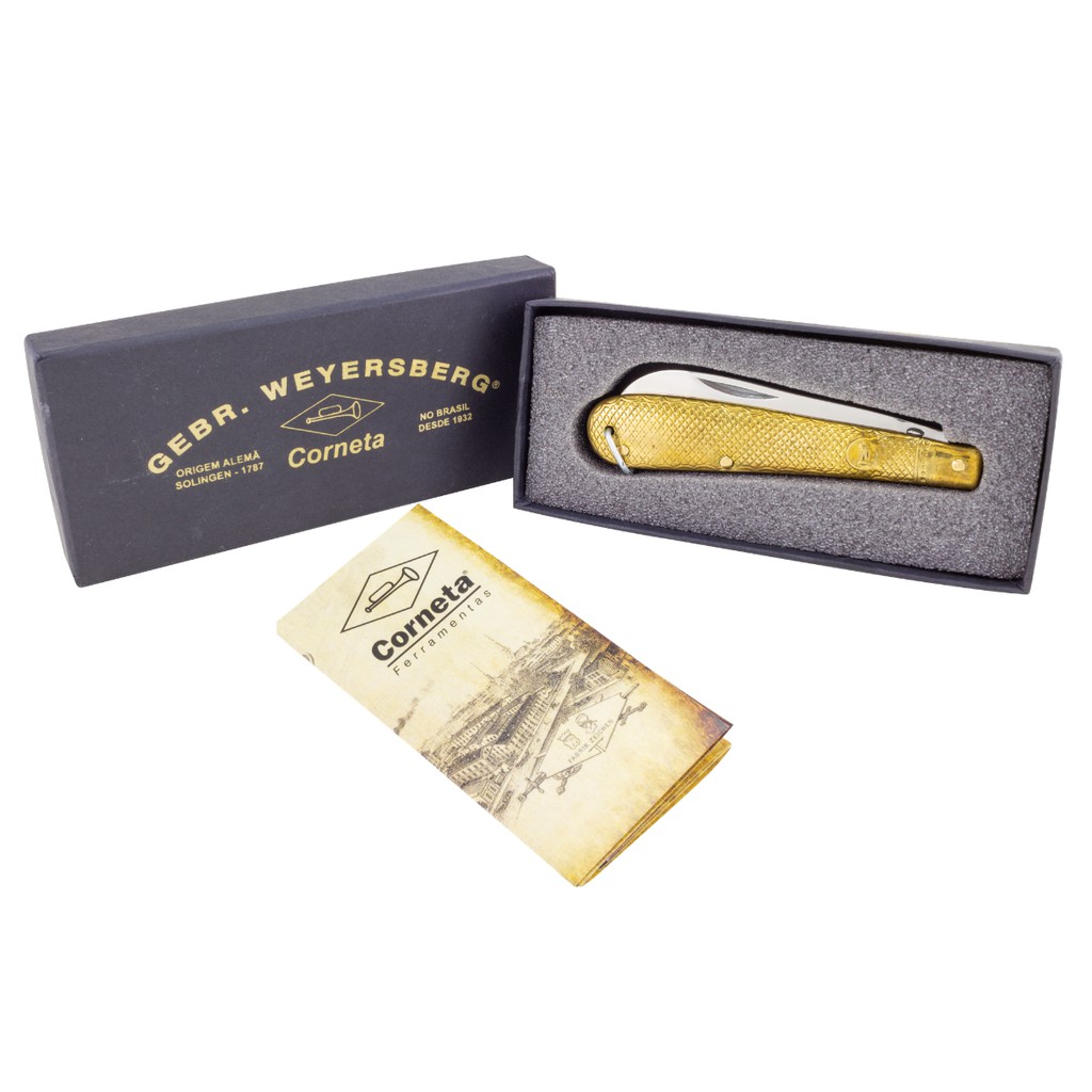 Canivete recartilhado latão escama de peixe lâmina com opção carbono ou inox Corneta - Gift box