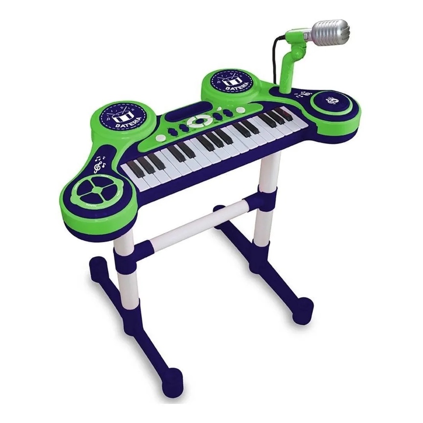 Piano Eletrônico Teclado Infantil Com Microfone Suporte Verde - Ri