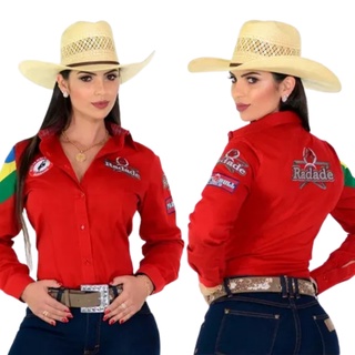 Camisa Feminina Radade Original Country Bordada Vermelha Barretos Bandeira Brasil Para Usar No Rodeio Prova De Tambor