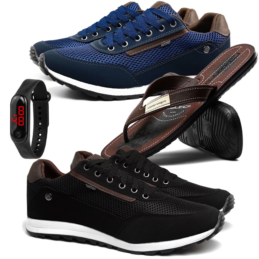 Kit Dois Tenis Sapatenis Conforto Casual Com Chinelo Relógio