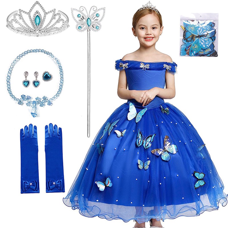 Vestido Infantil Princesa Cinderela Azul Manga Longa / Roupas De  Aniversário Para Crianças