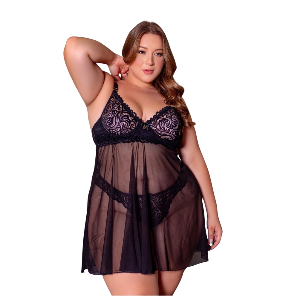 Camisola Feminina Sensual renda e tulle transparente com Aro de