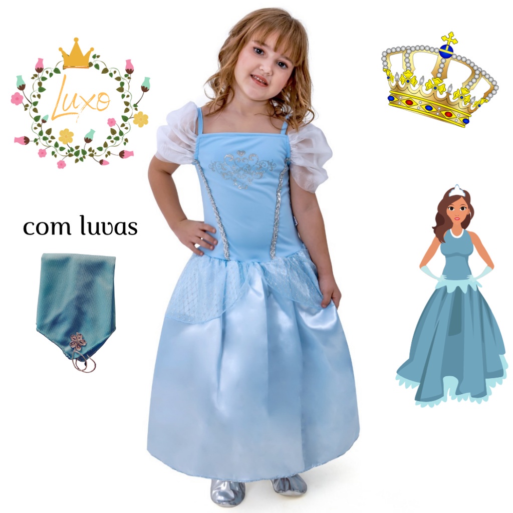 Vestido Infantil Princesa Cinderela longo Fantasia e Luva
