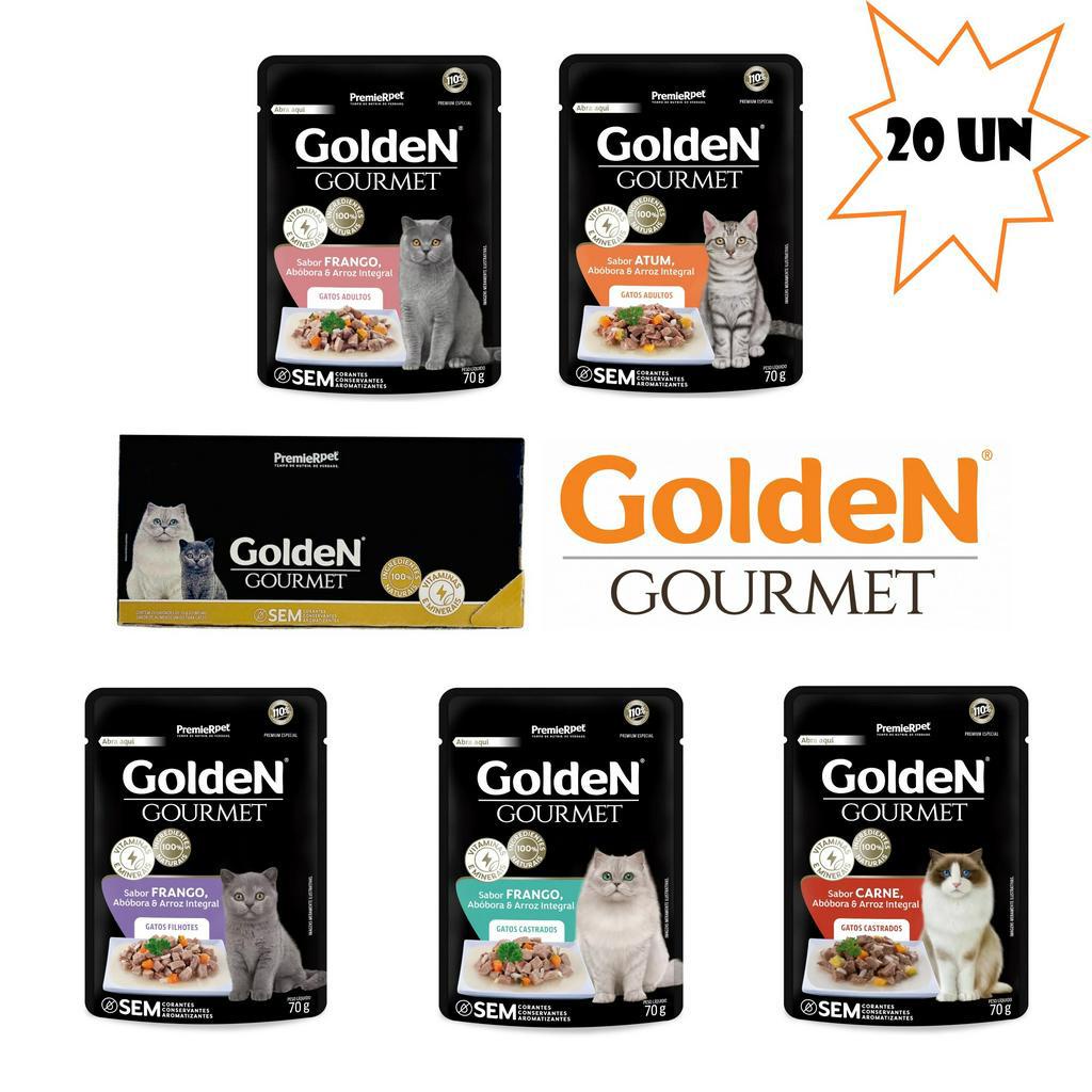 Caixa com 20 Unidades Sachê 70G Golden Gourmet Para Gatos Sabores