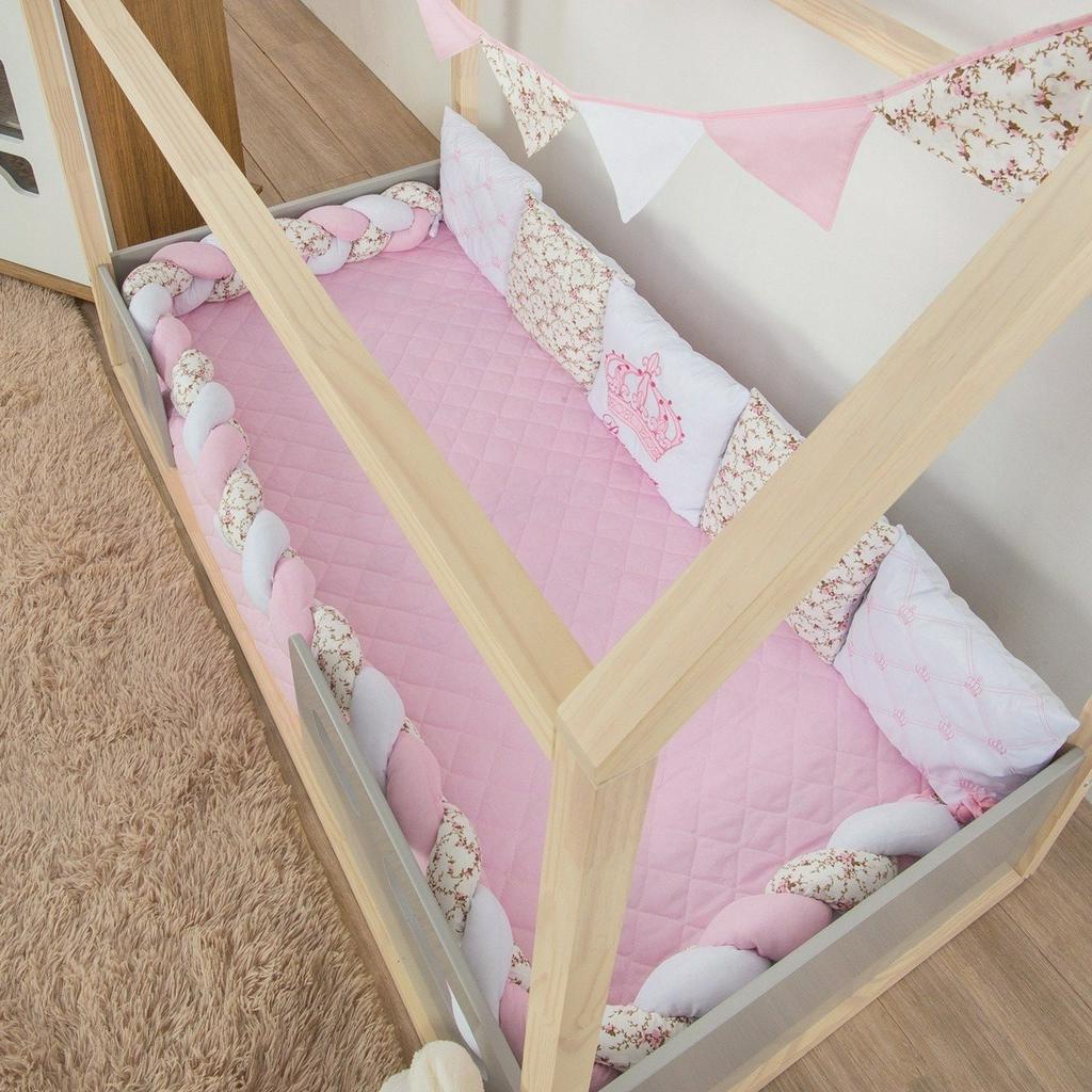Kit Montessoriano Trança Para Mini Cama Menina Coroa Bichinhos Rosa Lilas Decoração Quarto Infantil