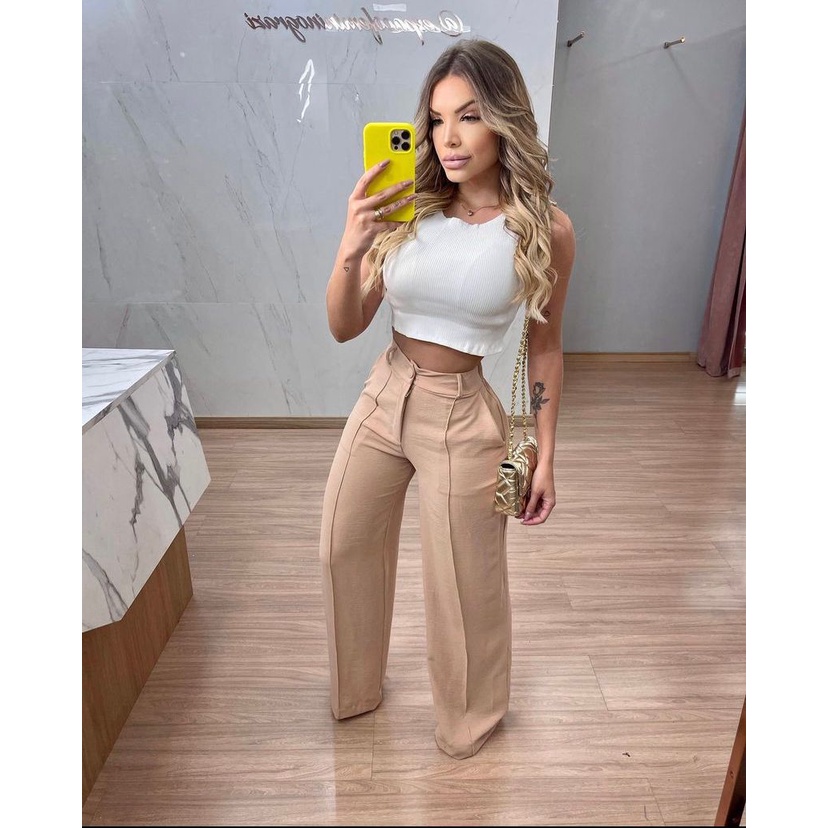 Calça Feminina Pantalona Social Folgada Duna P Ao Gg Moda Cintura Alta Confortável Wid Leg