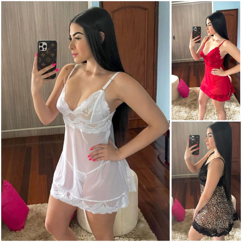 Camisola de Tule e Renda Com Calcinha