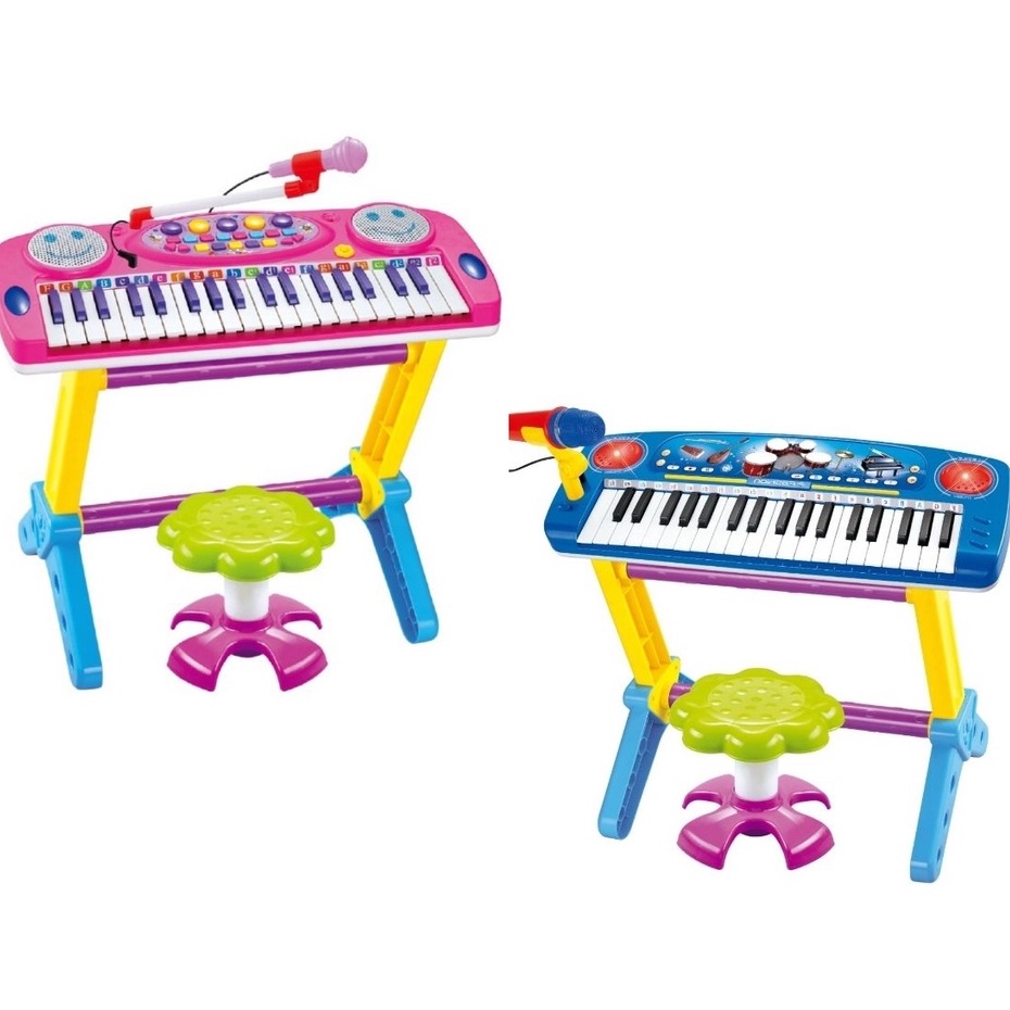 Piano Teclado Infantil Com Microfone Suporte Banquinho Show Cor Rosa