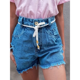 Short Jeans Feminino Cintura Alta Destroyed Acompanha Cinto