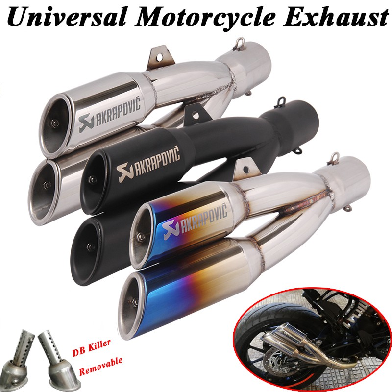 Universal 51mm Motorcycle Akrapovic Exhaust Modified Muffler DB Killer 2 Holes For Ninja 250 Z750 R15 CB500X R3 GSXR150