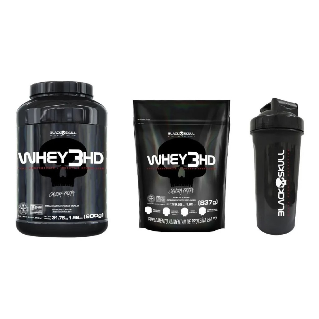 Whey 3hd + Refil + Coqueteleira – Caveira Preta Black Skull