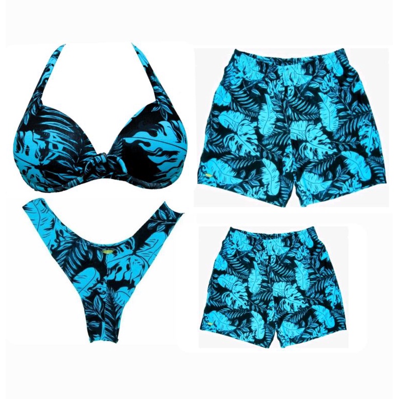 Kit Família Pai E Filho Bermuda E Mãe Biquini Meia Taça E Calcinha Asa Delta