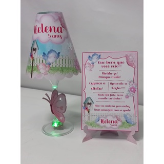 COMBO: 6 Abajures taça c/ LED + 6 Plaquinhas de agradecimento Jardim Encantado