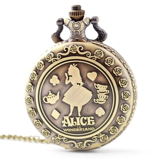 Retro Alice no País das Maravilhas Relógio de Bolso de Quartzo Bronze Colar Relógio de Bolso