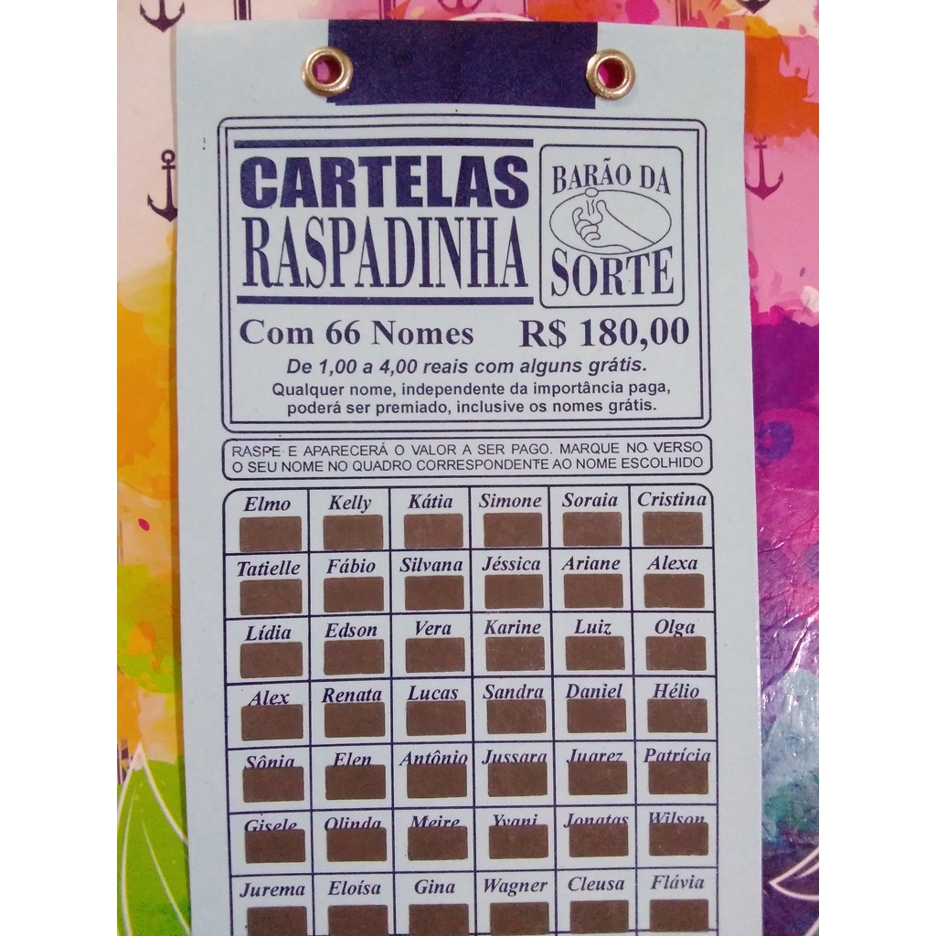 Cartela de rifa RASPADINHA 66 nomes, 180,00 valor total arrecadado, pct com 5 unidades