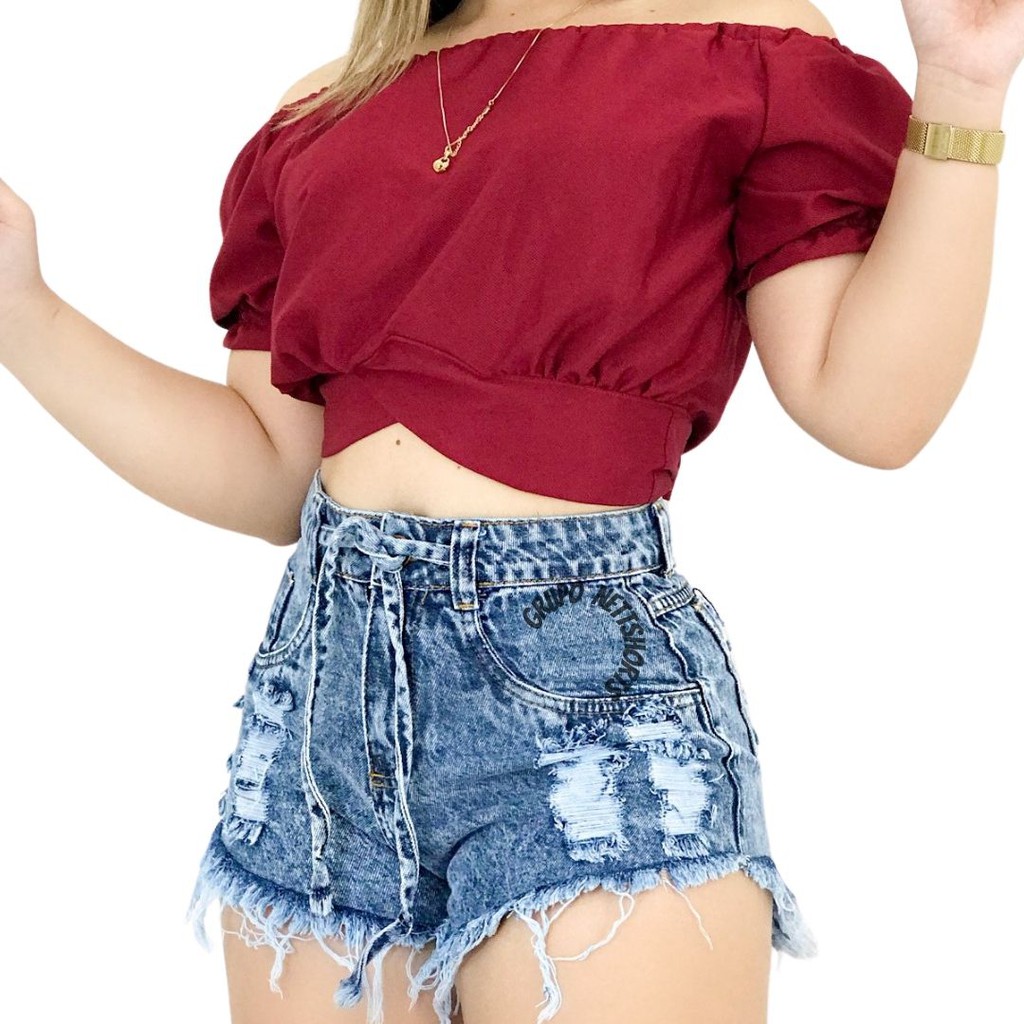 Shorts Jeans feminino Cós Alto Cintura Alta Moda Verão no Shoptime