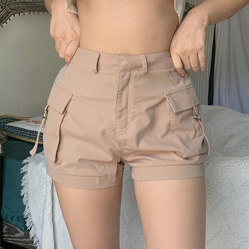 Casual Moda Verão Feminino Cor Sólida Botão De Zíper De Cintura Alta Bolso  Grande Shorts De Carga Tecido