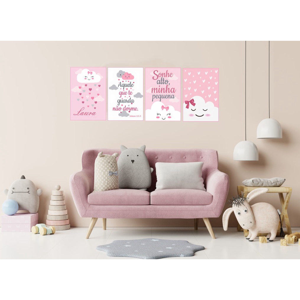 Kit 3 Quadros Decorativos Quarto Infantil menina, nuvem rosa, seja forte e corajosa, urso 20x30 Decoração