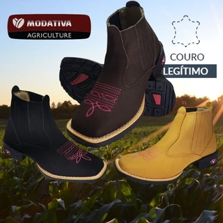 Botina Bota Feminina Texana Country Couro Legítimo Bico Quadrado