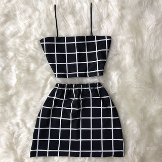 Conjunto feminino xadrez preto e branco amarelo e vermelho | vintage |  tumblr | gringa | saia | cropped