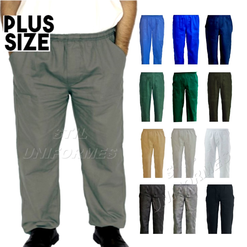 Calça de Brim Plus Size (EXG e EXGG) Uniforme Profissional Unissex: Elástico na Cintura, Cordão para Ajuste e Bolsos