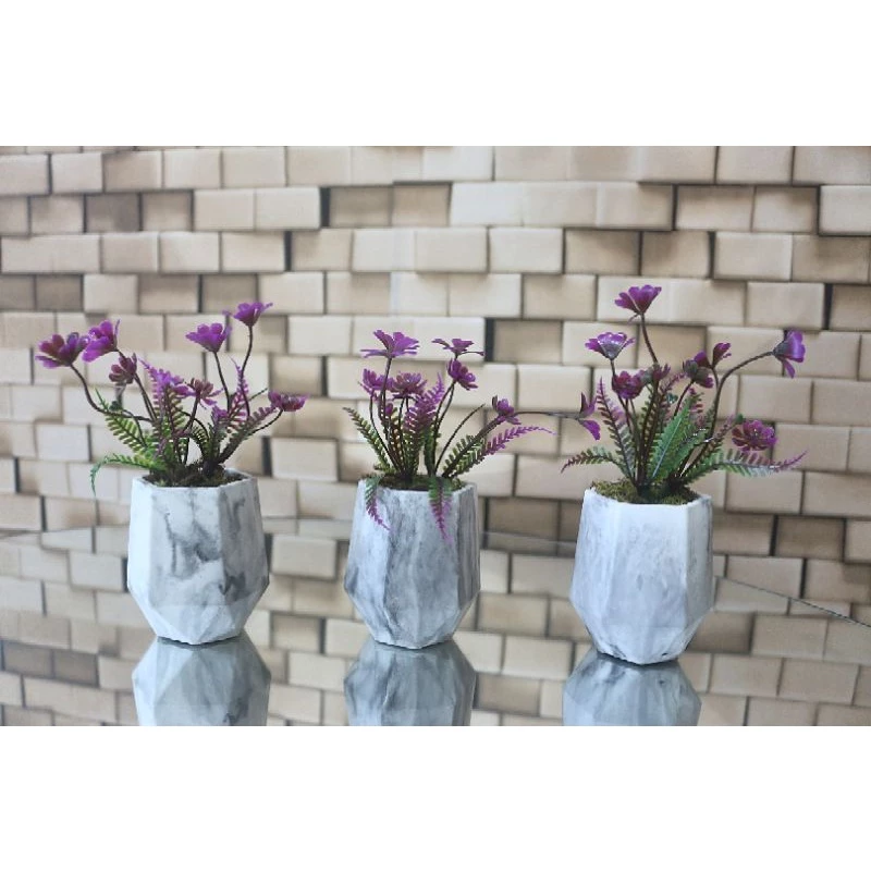 kit 3 vasos de gesso marmorizado hexagonal com plantas artificiais folhagens