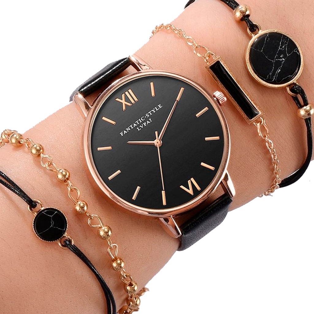 Relógio Feminino Lvpai Preto De Pulso Quarts + 4 Pulseiras Para Uso Diário Pulseira De Couro - Envio Rápido