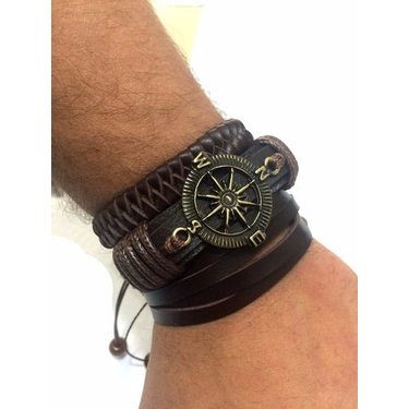 Kit 3 Pulseiras Masculina Combo Couro Regulável Bússola
