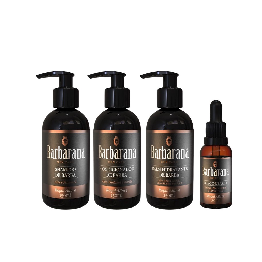 Kit Shampoo, Condicionador, Balm e Óleo para Barba Barbarana